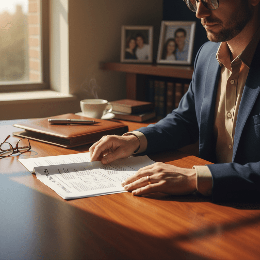 Person reviewing bailiff documents and correspondence at a desk with natural light